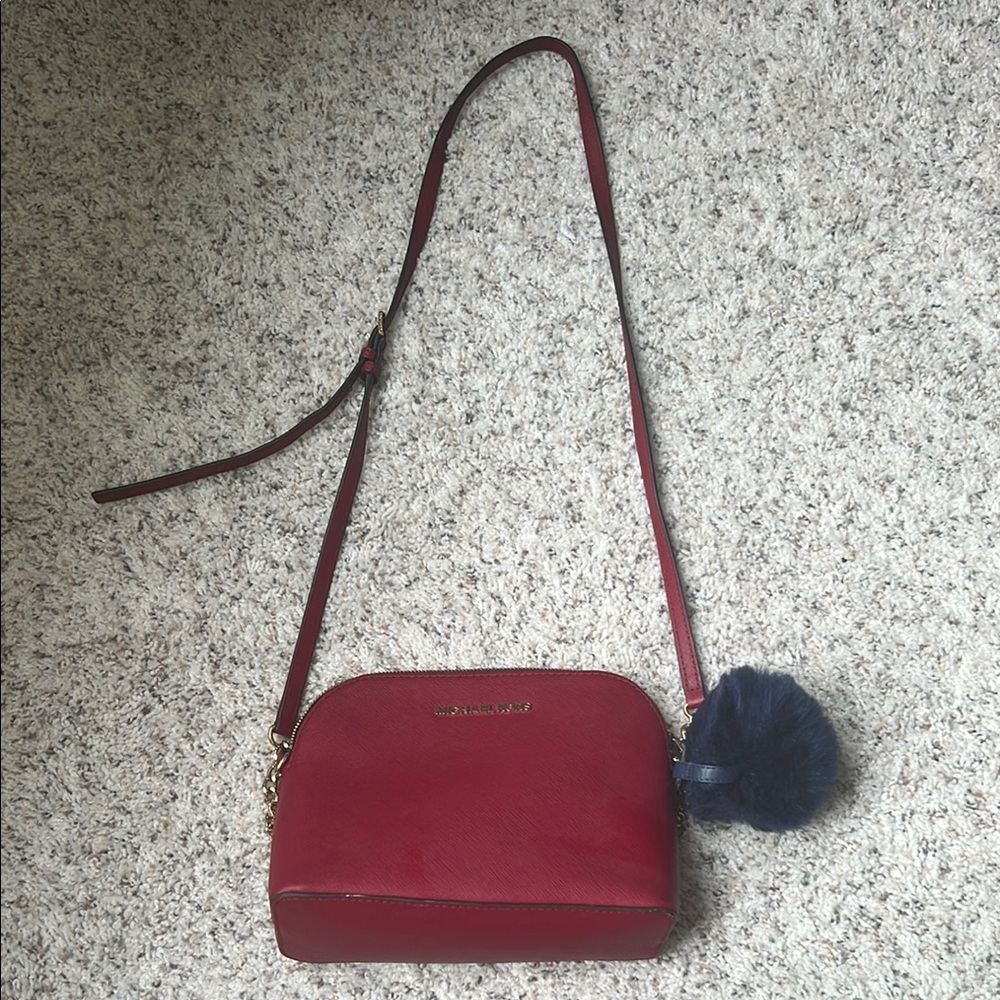 Michael Kors Burgundy Crossbody Bag with Pom Pom